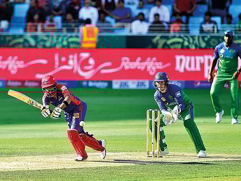 Karachi Kings’ Babar Azam in action during their PSL match against Multan Sultans at the Dubai International Cricket Stadium.