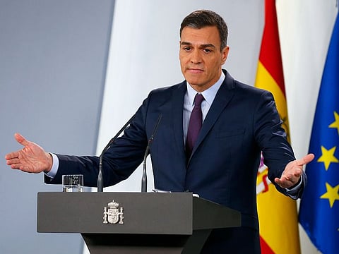 Spain's Prime Minister Pedro Sanchez delivers a statement at the Moncloa Palace in Madrid, Spain, Friday, Feb. 15, 2019.  
