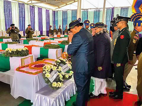 Union Home Minister Rajnath Singh and J & K Governor Satya Pal Malik pay tribute to the CRPF personnel killed in Thursday’s Pulwama terror attack, at the CRPF camp in Budgam.