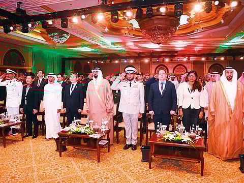 Suhail Al Mazroui, Mohammad Bin Ahmad Al Bawardi, UAE Minister of State for Defence Affairs, and other officials at the International Defence Conference in Abu Dhabi