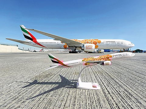 An Expo 2020 1/200 scale model of a 777-300ER aircraft.