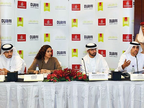 From left: Senior Emirates airline official Shaikh Majid Al Mualla, Ahlam Al Bolooki, Saeed Al Naboodah, acting director-general of Dubai Culture and Salem Al Merri, senior MBRSC official, discuss details of the literature festival at a press conference in Dubai.