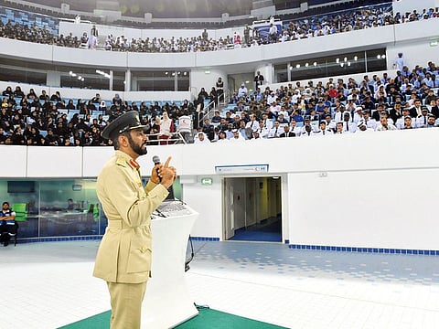 Maj Gen Mohammad Saif Al Zafein speaking at the Hamdan Sports Complex in Dubai.