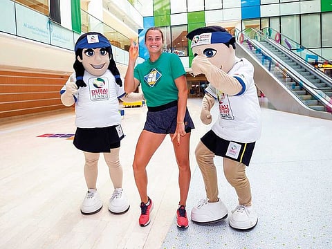 Aryna Sabalenka at Al Jalila Children’s Speciality Hospital with tournament mascots Annette and Ace