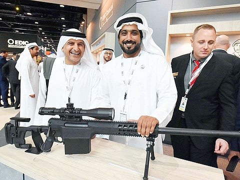 Hamad Salem Al Ameri, Director-Business Development, Emirates Defence Industries Company, (EDIC), with the CSR 50 Snifer, made in UAE at their pavilion in Adnec.