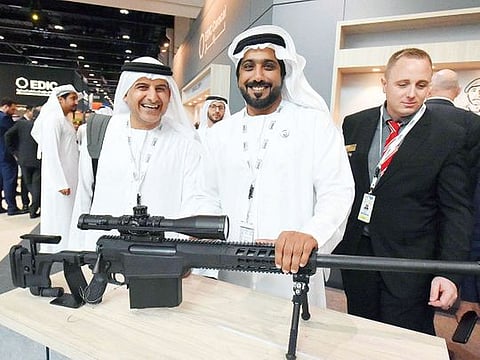 Hamad Salem Al Ameri, Director-Business Development, Emirates Defence Industries Company, (EDIC), with the CSR 50 Snifer, made in UAE at their pavilion in Adnec.