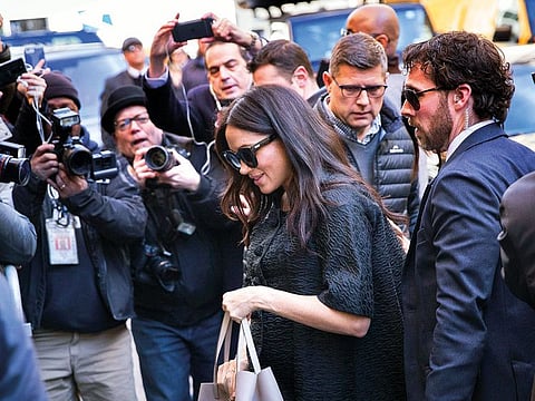 Meghan Markle arrives for her baby shower at the Mark Hotel .