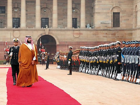 Mohammad Bin Salman inspects a guard-of-honour during his ceremonial reception at the forecourt of Rashtrapati Bhavan — the presidential palace —  in New Delhi. 
