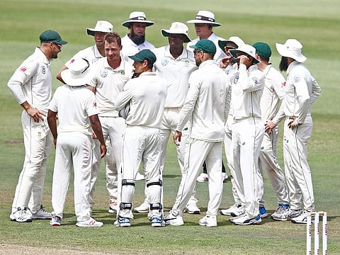 South Africa's Dale Steyn and teammates celebrate the wicket of Sri Lanka's Oshada Fernando during day 4 of the first test match between South Africa and Sri Lanka held at the Kingsmead Stadium in Durban on February 16, 2019. 