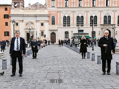Professor Roberto de Mattei (right), Lepanto Foundation president and ‘Acies Ordinata’ members protest in Rome against against church scandals. 