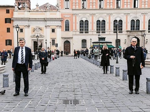 Professor Roberto de Mattei (right), Lepanto Foundation president and ‘Acies Ordinata’ members protest in Rome against against church scandals. 