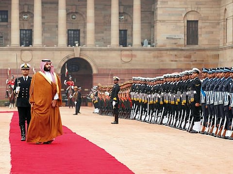 Mohammad Bin Salman inspects a guard-of-honour during his ceremonial reception at the forecourt of Rashtrapati Bhavan — the presidential palace —  in New Delhi. 