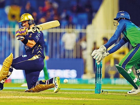 Shane Watson of Quetta Gladiators playing a shot against Multan Sultans during the PSL 2019 at Dubai International Stadium