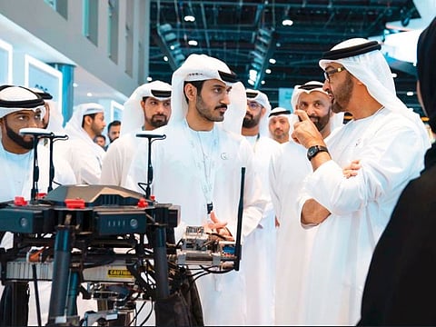 His Highness Shaikh Mohammad Bin Zayed Al Nahyan, Crown Prince of Abu Dhabi and Deputy Supreme Commander of the UAE Armed Forces, at Idex on its concluding day yesterday.