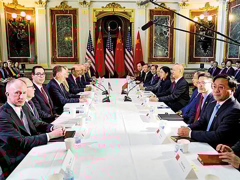 US and Chinese trade delegations, led respectively by Treasury Secretary Steven Mnuchin  and China’s Vice Premier Liu He, at the start of US-China trade talks.