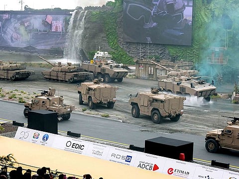 Military demonstration at the opening of IDEX 2019 at Abu Dhabi National Exhibition Company (ADNEC)