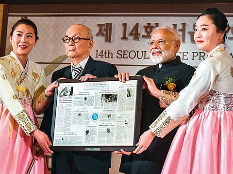 Seoul: Prime Minister Narendra Modi receives the Seoul Peace Prize, at the award ceremony in Seoul, Friday, February 22, 2019.