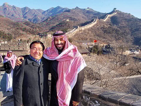 Saudi Arabia’s Crown Prince Mohammad Bin Salman with the Chinese Ambassador to Saudi Arabia Li Huaxin during a visit to the Great Wall of China in Beijing, China.