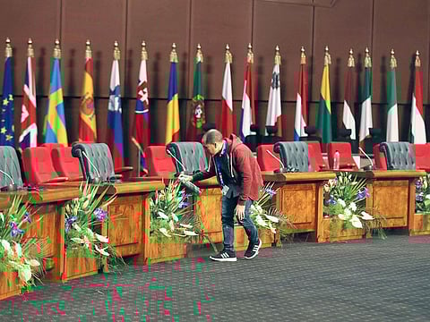 A worker prepares the International Congress Centre a day before the first EU-Arab League Summit in Sharm Al Shaikh, Egypt, February 23, 2019. 