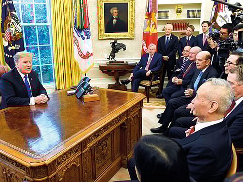 President Donald Trump speaks during his meeting with Chinese Vice-Premier Liu He in the White House in Washington on Friday.