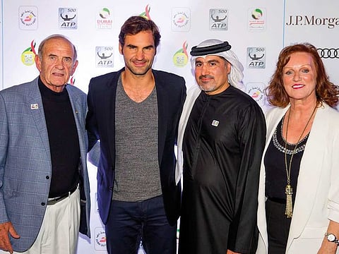 Colm McLoughlin, EVC and CEO of Dubai Duty Free, Roger Federer, Tournament DIrector Salah Tahlak and Sinead Al Sibai, SVP — Marketing, Dubai Duty Free
