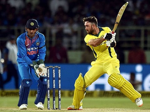 Australia's  Glenn Maxwell plays a shot against India during the first T20 international cricket match between India and Australia at the Dr. YS Rajasekhara Reddy ACA–VDCA Cricket Stadium in Vizag, on Sunday.