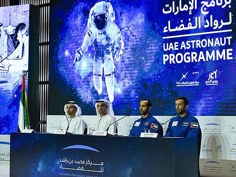 Yousuf Hamad Al Shaibani, Director General, MBRSC, Salem Humaid Al Marri, Assistant Director General, Science and Technology Sector, Head of the UAE Astronaut Progamme, and Emirati astronauts Hazzaa Al Mansoori and  Sultan Al Neyadi, during the press conference to announce the date of the Emirati astronaut’s trip to the International Space Station (ISS) at Armani Hotel in Dubai. 