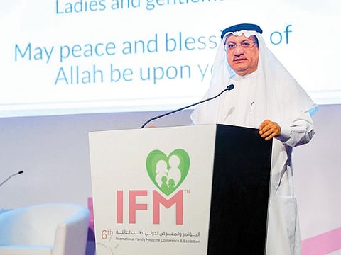 Humaid Al Qutami presenting his keynote address at the inauguration of the International Family Medicine Congress on Feb 25.