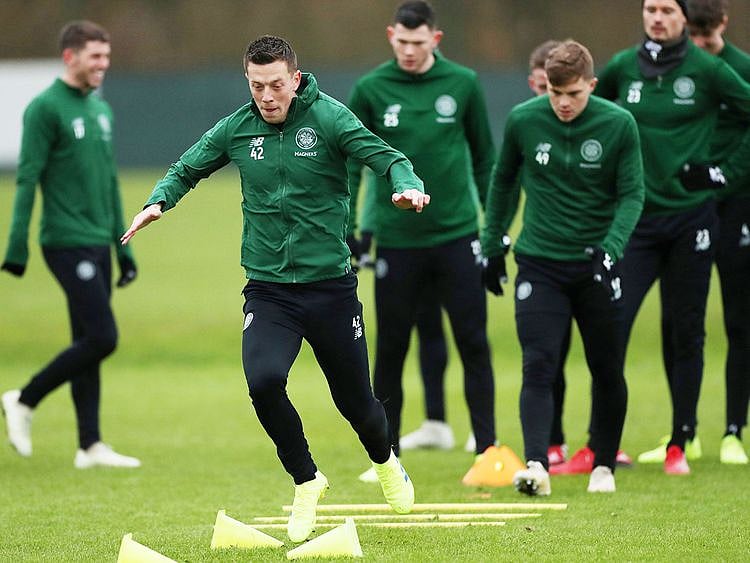 Celtic players are seen during training.