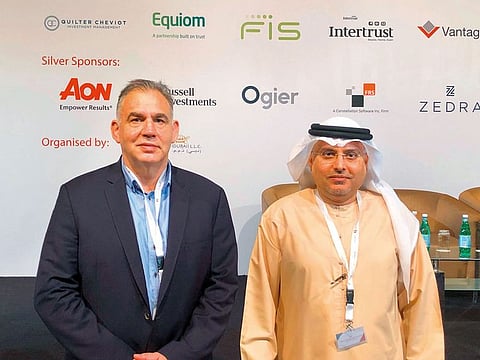 Dr Abdul Rahman Abdul Manan Al Awar (right) and Sean Kelleher at the first Workers Incentives and End of Service Benefits Conference held in Dubai.