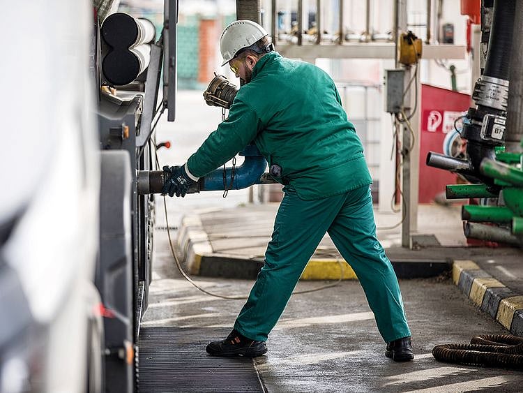 A tanker truck is loaded in Hungary