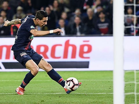 Paris Saint-Germain's midfielder Angel Di Maria scores  his second goal during the French Cup quarter-final football match between Paris Saint-Germain (PSG) and Dijon (DFCO) at the Parc des Princes stadium in Paris on February 26, 2019. 