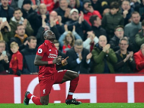 Liverpool's Senegalese striker Sadio Mane celebrates scoring.