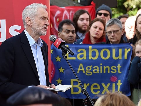  In this file photo taken on February 23, 2019 Opposition Labour party leader Jeremy Corbyn addresses at a rally, in Broxtowe, central England.  Britain's main opposition Labour Party said on February 25 it was committed to eventually supporting a second referendum on leaving the European Union if its own plan for Brexit is not approved.
