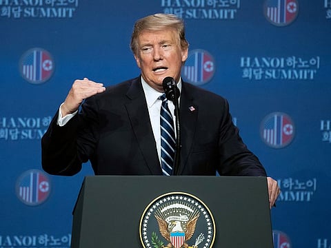 U.S. President Donald Trump, gestures as he speaks during a news conference following the DPRK-USA Hanoi Summit in Hanoi, on Thursday, Feb. 28, 2019.