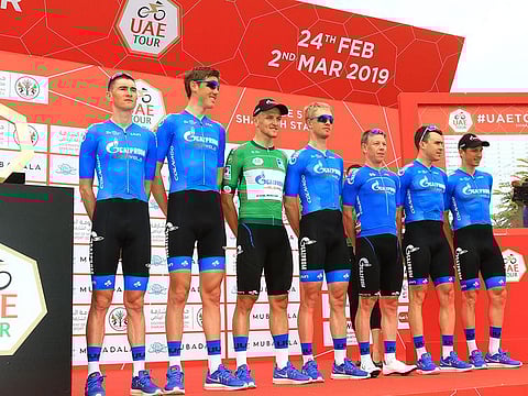 Team Gazprom - Rusvelo during the team presentation and sign-in ceremony before the start of Stage 5.