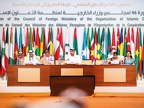 Shaikh Abdullah Bin Zayed, Dr Yousuf Al Othaimeen and Sushma Swaraj at the 46th session of the Foreign Ministers  Conference as part of the Organisation of Islamic Cooperation summit in Abu Dhabi.