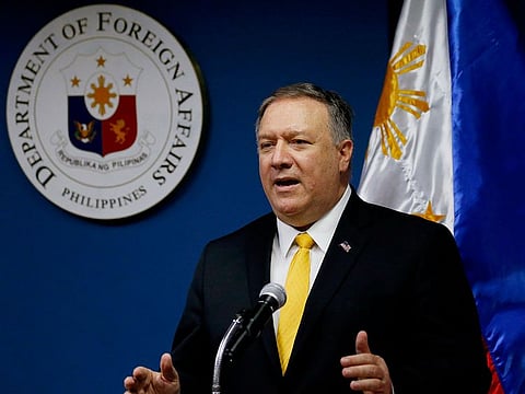 U.S. Secretary of State Mike Pompeo gestures while answering questions during their joint news conference with Philippine Foreign Affairs Secretary Teodoro Locsin Jr. in suburban Pasay city, southeast of Manila, Philippines Friday, March 1, 2019.