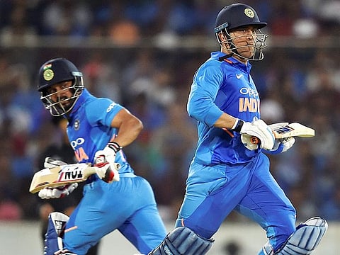 MS Dhoni and Kedar Jadhav on the first One Day International (ODI) series cricket match between India and Australia at Rajiv Gandhi International Cricket Stadium, in Hyderabad, on Saturday, March 2, 2019.