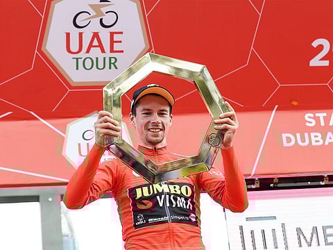 Primoz Roglic of Team Jumbo celebrates winning the inaugural UAE Tour title in Dubai on Saturday.