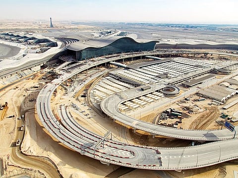The Midfield Terminal building under construction in Abu Dhabi. When complete, the Midfield Terminal will span 742,000 square metres.