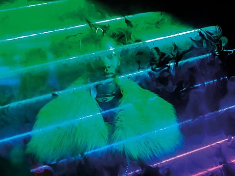 A model presents a creation by Marine Serre during the Fall-Winter 2019/2020 Ready-to-Wear collection fashion show in Issy-les-Moulineaux, on the outskirts of Paris, on February 26, 2019. 