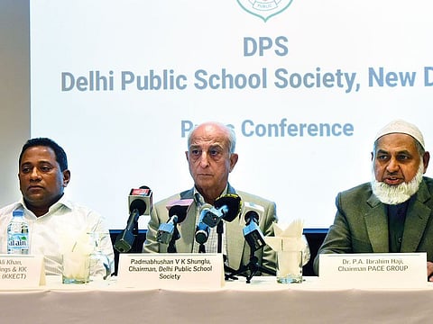 From left: Maqsood Ali Khan, Director RK Holdings & KK Educational Trust, Shunglu and Dr. P.A. Ebrahim Haji, Chairman Pace Group and & Co-Chairman, Malabar Gold & Diamonds during the press conference of DPS schools franchisee in the region in Dubai