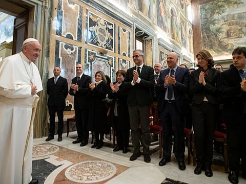 Pope Francis attends an audience with the Officials of the Vatican Secret Archive at the Vatican, March 4, 2019.