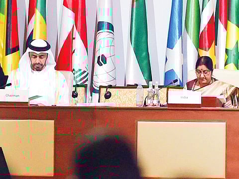 Shaikh Abdulla Bin Zayed Al Nahyan, UAE Minister of Foriegn Affairs and Indian External Affairs Minister Sushma Swaraj, at the recent OIC conference in Abu Dhabi. 