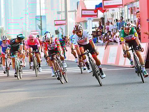UAE Team Emirates rider Fernando Gaviria (second right) won the Big Flag second stage and then had two second place finishes in the inaugural UAE Tour.