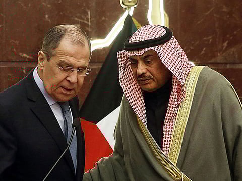 Kuwaiti Foreign Minister Sheikh Sabah Al Khalid Al Sabah and his Russian counterpart Sergey Lavrov during a press conference in Kuwait City.