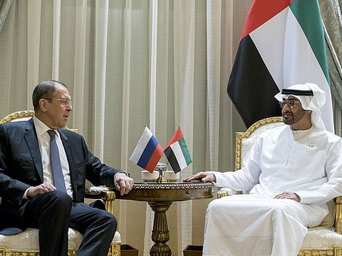 His Highness Shaikh Mohammad Bin Zayed Al Nahyan, Crown Prince of Abu Dhabi and Deputy Supreme Commander of the UAE Armed Forces, meets with Sergey Lavrov, Russian Minister for Foreign Affairs.