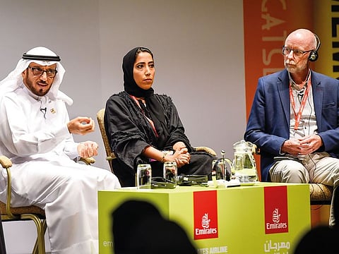 Major General Mohammad Ahmad Al Merri, Roudha Al Merri and R. Neil Hewison during a session “Do You Speak My Language?” at the Emirates Airlines Festival of Literature.