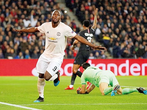 Manchester United’s Romelu Lukaku celebrates scoring their second goal against Paris St Germain during the Champions League Round of 16 second leg on Wednesday.